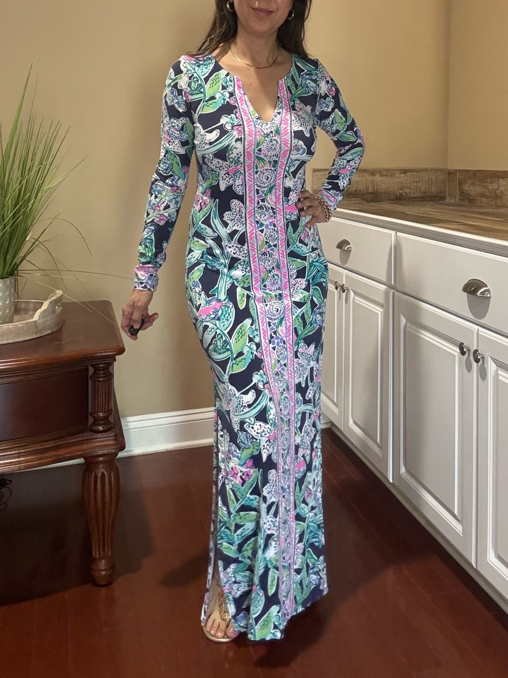 Lilly Pulitzer Floral Maxi Dress - Navy & Pink- Well worn! Size XS- see comments